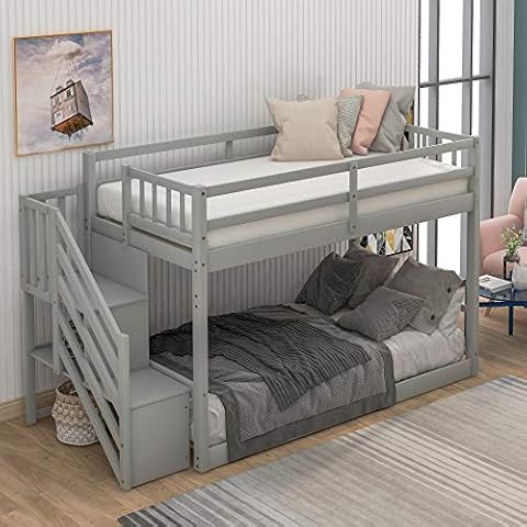 P PURLOVE Twin Over Twin Junior's Low Bunk Bed with Storage Stairs Cover