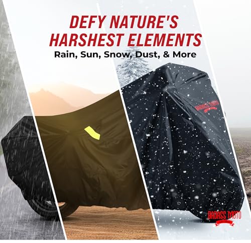 Image of Badass Moto Gear Ultimate Waterproof Motorcycle Cover. Heavy Duty, Night Reflective, Windshield Liner, Heat Shield, Vents, Lock Pocket, Taped Seams (108' Full Dressers, Goldwing, Tourers) Extra L | Heavy-duty bike cover waterproof outdoor; fits Harley Ultra Limited, CVO, Road King, Gold Wing, Indian Chieftain & Roadmaster
