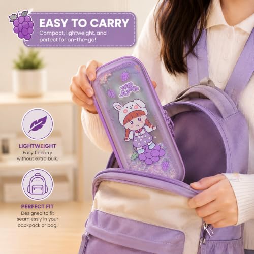 Image of WISHKEY Hard Shell EVA Pencil Box for Girls Cute Cartoon Glitter Pencil Case with Mesh Pocket, Elastic Pen Holder & Dual Zipper Large Capacity Water Resistant Stationery Organizer for School Kids