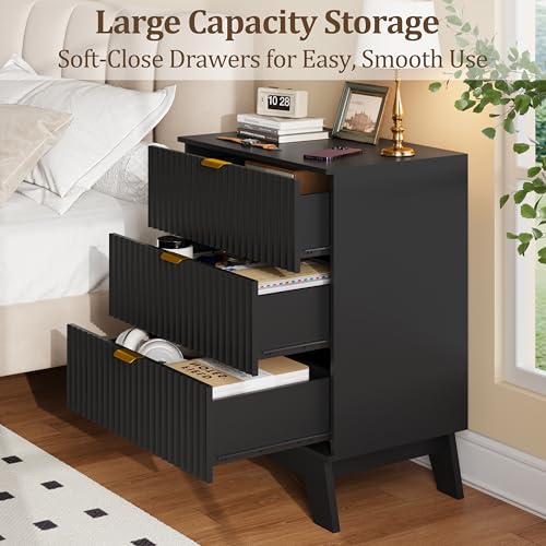 Image of Fluted Nightstand Sets of 2 with 3 Large Drawers, Wooden Side End Table with Elevated Legs for Easy Cleaning, Sturdy Modern Beside Table for Small Space, Bedroom, Black, 24 inch L