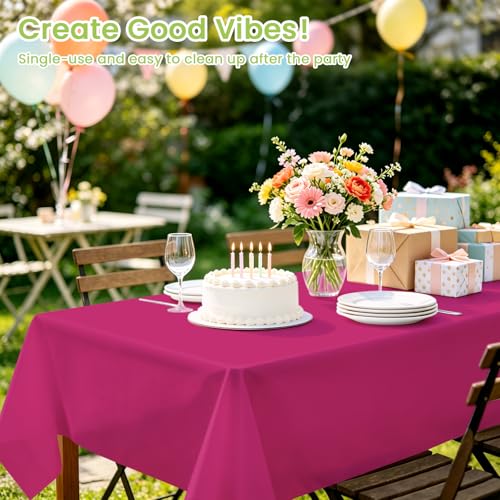 Image of Mulbozy Rose Pink Plastic Tablecloth Disposable 4 Pack, 54 x 108 Inch Table Cloths Rectangle, Hot Pink Plastic Tablecover for Party Decor