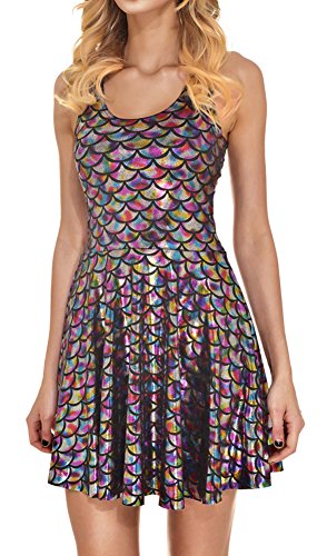 Fish Scale Mermaid Print Girl's Reversible Pleated Dresses for Party Rainbow XL