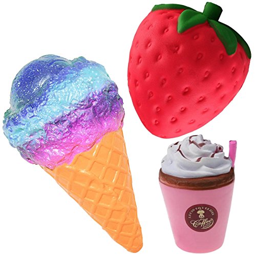 Desire Deluxe Slow Rising Squishies UK Jumbo Scented Squishy Squeeze Toy Stress Reliever Gift (Ice Cream + Cofee + Strawberry)