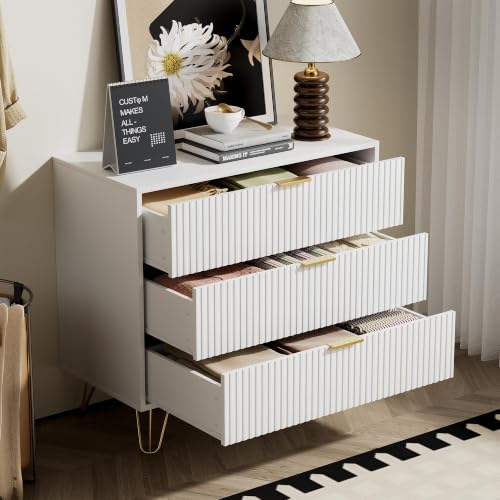 Image of Furniway White Dresser for Bedroom, 3 Drawer Dresser with Gold Pulls, Fluted Modern Chest of Drawers Storage Cabinet, 31.5 inch W x 15.7 inch D x 29.5 inch H