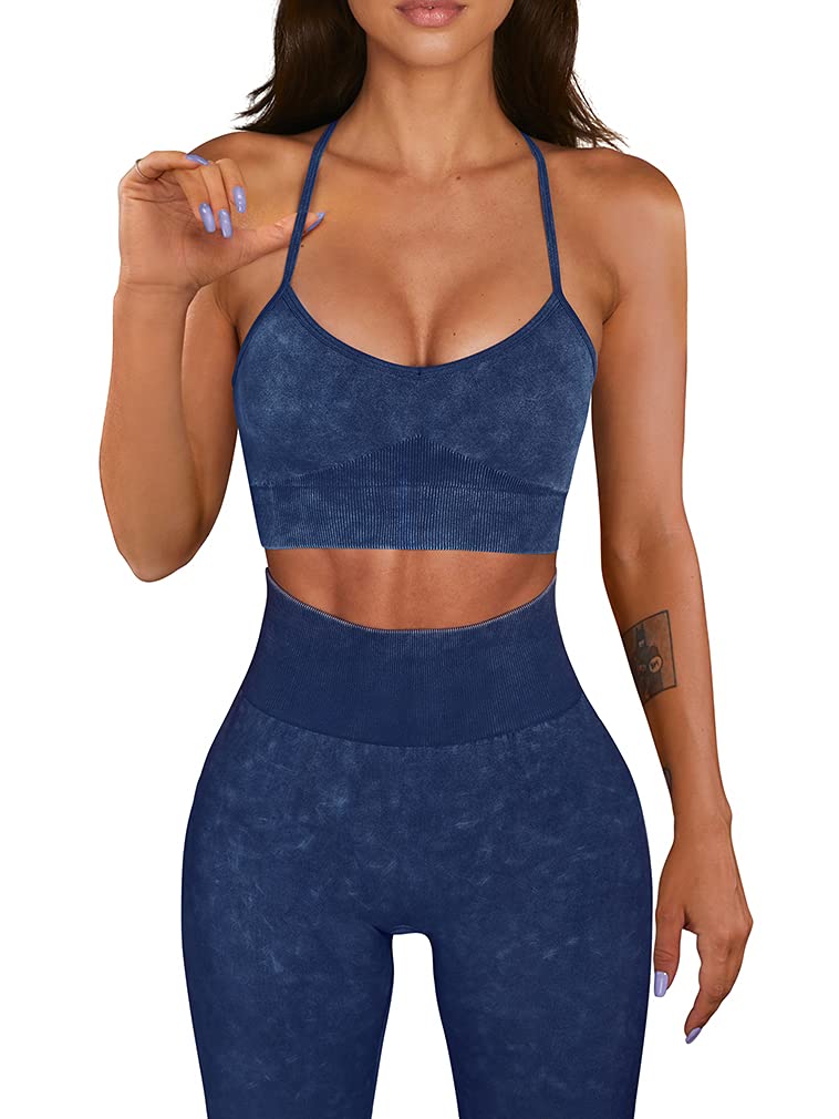 Workout Outfit for Women 2 Piece Seamless Acid Wash High Waist Leggings With Sports Bra Yoga Set