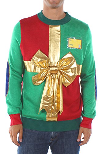 Tipsy Elves Ugly Christmas Sweaters for Men Red and Green Wrapping Paper Pullover with Gold Bow Size Large