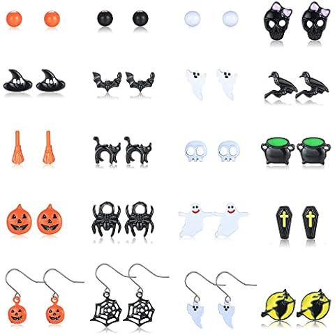 JeryWe 20 Pairs Halloween Stud Earring Sets Bat Cat Spider Pumpkin Stud Earrings Drop Dangle Earrings Set for Women Teens Halloween Theme Party Jewelry Cover
