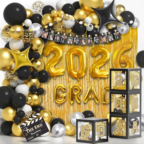 Image of Party Spot！2026 Black and Gold Graduation Party Decorations,124 PCS Graduation Decorations Class of 2026，4 PCS Balloons Boxes with LED Light String & Letters 2026 GRAD So Proud of You