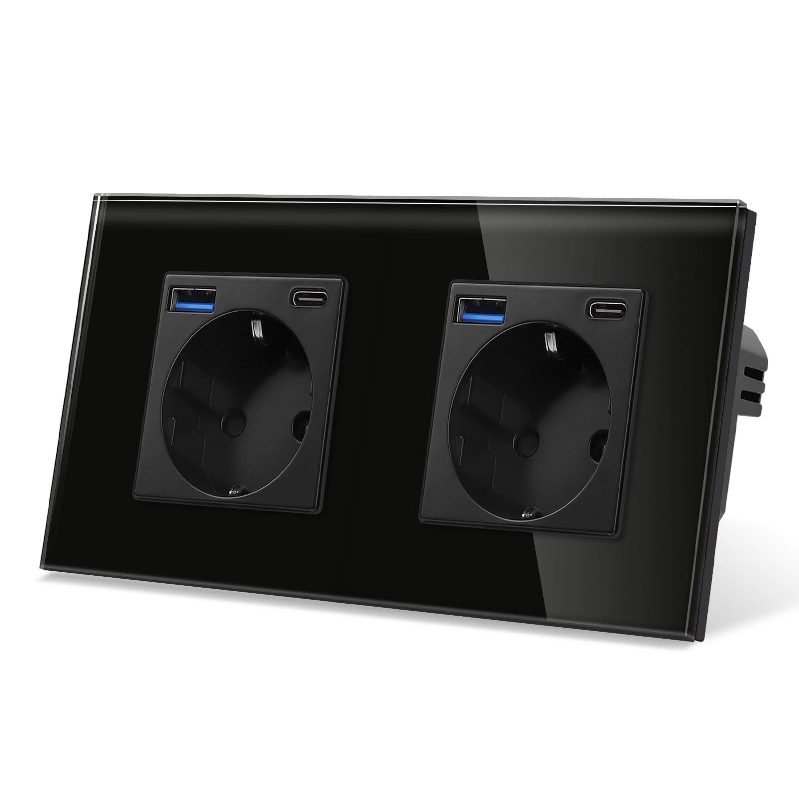 CNBINGO Glas Doppelsteckdose mit USB Ports (Typ-C und Typ-A unterstützung 20W Schnellladen) - Zweifach Steckdose Unterputz in Schwarz - Schuko Schutzkontakt Wandsteckdose mit Glasrahmen