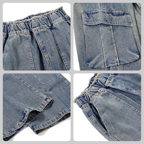 Image of Rolanko Girls Cargo Pants Baggy Y2K Cargo Trousers Jeans Wide Leg Pants with Multi Pockets 4-15 Years