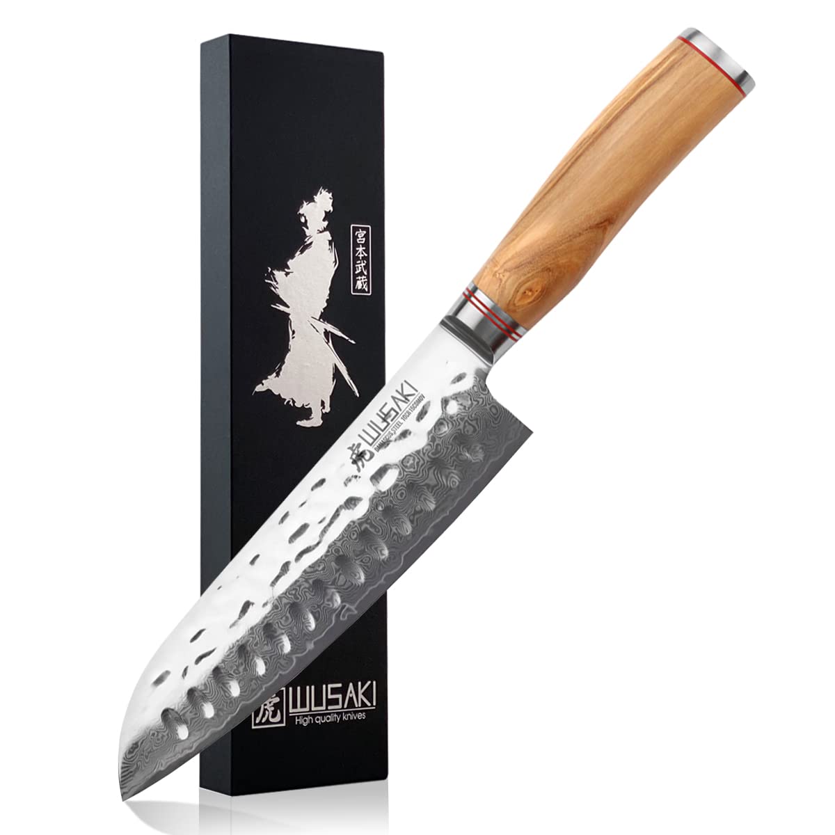 Wusaki - Couteau Santoku Lame Damas 17cm acier inoxydable 10Cr Manche Olivier avec coffret cadeau