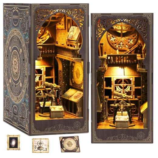 Book Nook Kits for Adults, 3D Printed DIY Miniature House Kit Astronomical Museum Booknook Wooden Puzzle Dollhouse Bookshelf Insert Decor with LED Lights Gifts for Book Lovers, Space Enthusiasts
