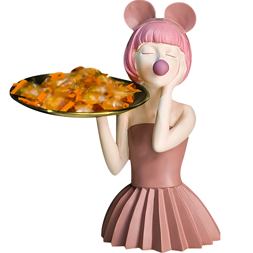 BELECOO WAYUTO Blowing Bubbles Girl Figurine Decor Resin Decoration Candy Tray Key Sundries Holder Container Table Desktop Decoration for Home Living Rome Bedroom Pink