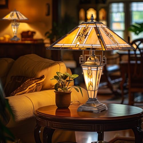 Tiffany Table Lamps with Nightlight,16" Wide Handmade Stained Glass Desk Lamp for Reading,3-Lights Mission Style Antique Nightstand Light for Living Room Bedroom Office - Image 4