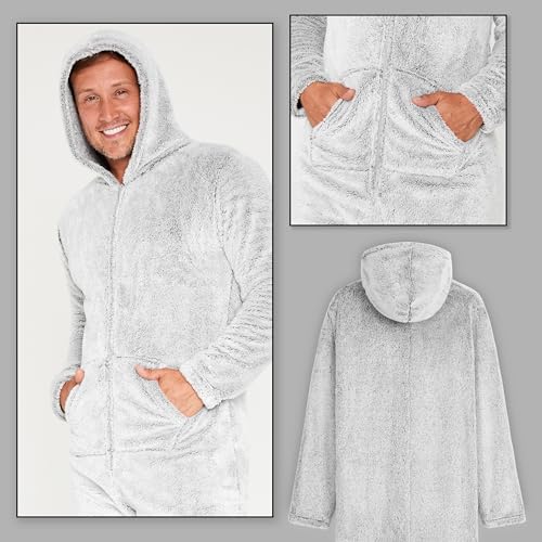 CityComfort Herren Overall Jumpsuit, One Piece Anzug Fleece Onesie Flauschig Einteiler Schlafanzug für Männer und Teenager Jungen M-3XL, Geschenke (XL, Grau Zweifarbiges)