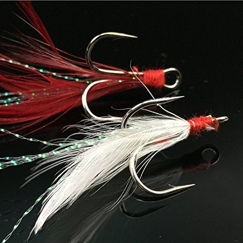 Fishing Treble Hooks Feather Dressed Size 4 6 Set including Split Rings for Fishing Lure Making kit, Nickel,Red,White - Image 3