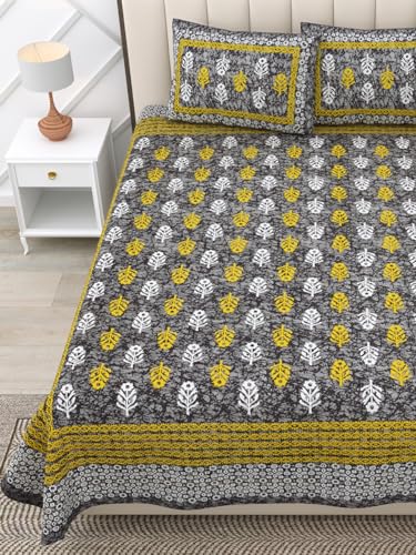 Image of RajasthaniKart Pure 100% Cotton Double Bed Sheet with 2 Pillow Covers (Bedsheet for Double Bed Cotton, Grey Small Booty Jaipuri, King Size,5301)| H603 | 144 TC