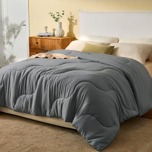 BEDLORE Couette 220x240 Tempérée 220g/m² pour Lit 2 Personnes, Couette 2 Personnes Légère avec Rembourrage en Microfibre, Édredon Douce pour 4 Saisons, Lavable en Machine, Gris Foncé