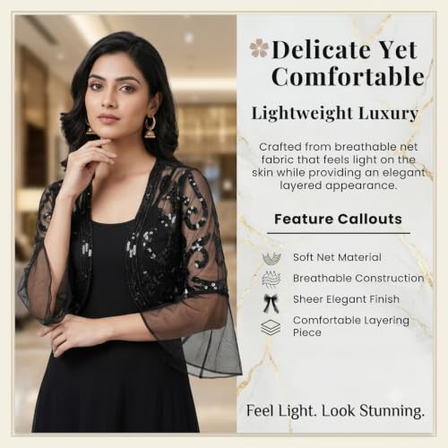 Image of Women net Sequins Embroidered Shrug with Flared Sleeves