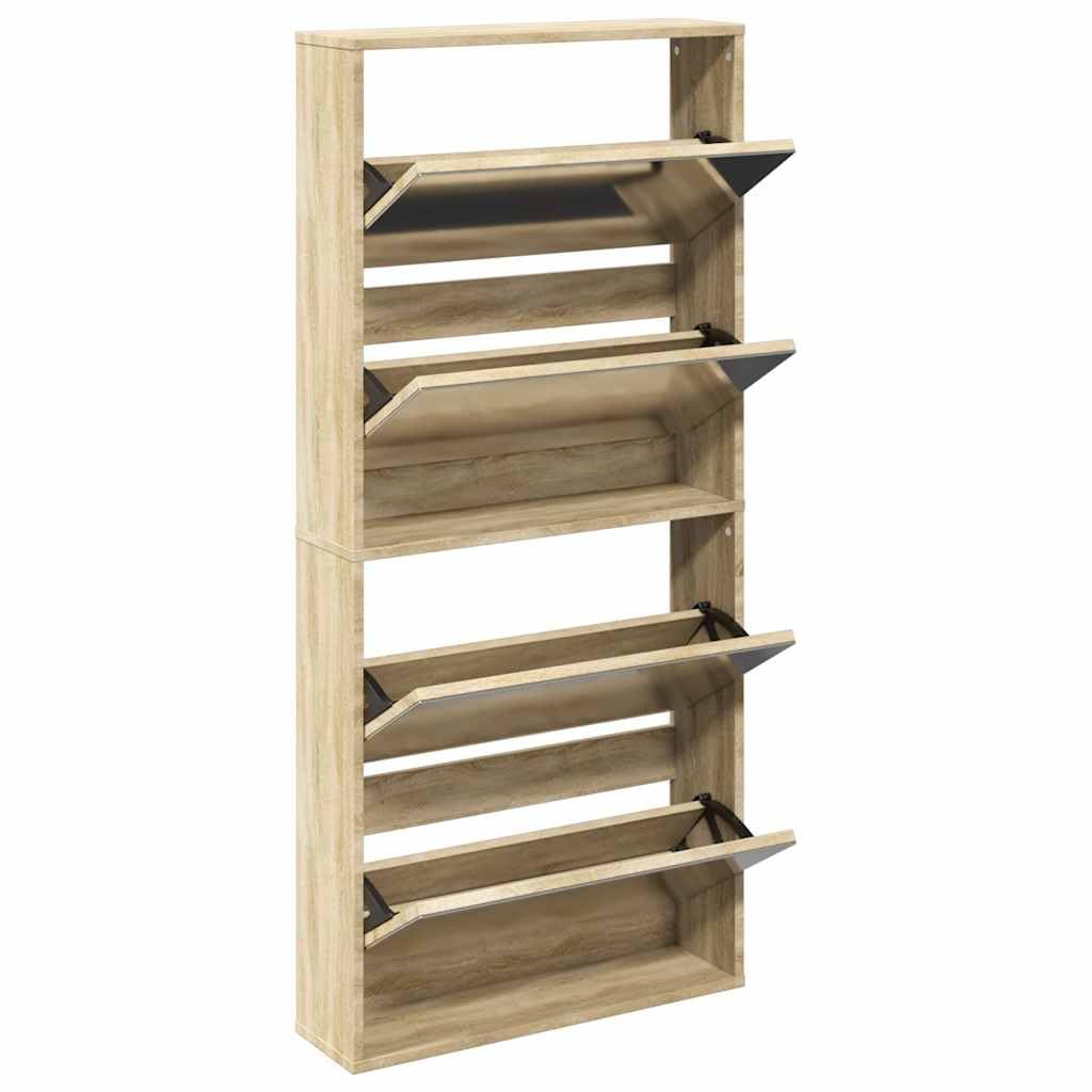 Szafka na buty z lustrem dębowym z 4 składanymi półkami, 63 x 17 x 134 cm, regał na buty, organizer do korytarza, korytarza, garderoby, zamknięta półka na buty, wąska, wysoka, możliwość