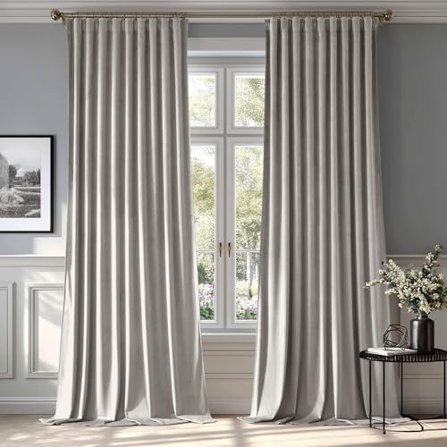 MIULEE Silver Gray Velvet Curtains 96 inches 2 Panels - Luxury Room Darkening Window Drapes for Bedroom Living Room Thermal Insulated Super Soft Blackout Back Tab Rod Pocket Pinch Pleated W52 x L96