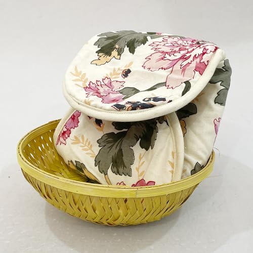 Image of Swayam 100% Cotton Cloth Roti Casserole | Hot Chapati Box | Washable Bread Basket | 22 cm Round Roti Basket | Floral Design - Cream & Pink
