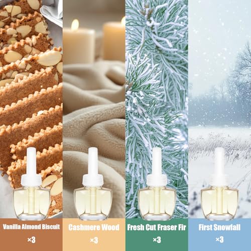 Image of Plug In Air Freshener Refills, 12ct, Wall Plug In Refill for Summer | Vanilla Almond Biscuit, Cashmere Wood, Fresh Cut Fraser Fir & First Snowfall - Compatible with Air Wick & Glade