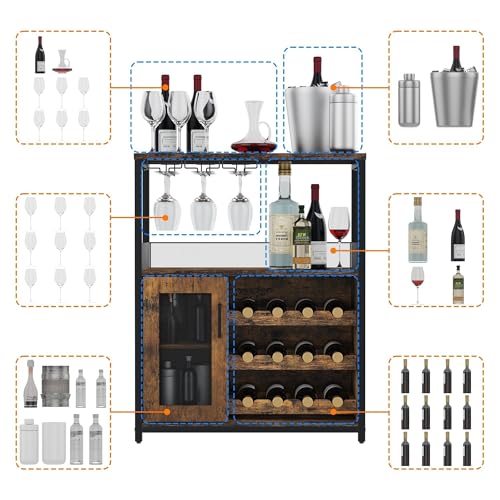 Amyove Wine Bar Cabinet with Detachable Wine Rack, Bar Rack with Glass Holder, Small Sideboard and Buffet Cabinet with Mesh Door, Rustic Brown