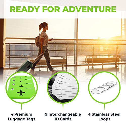 Untethered Luggage Tag Set | 4 Pack Flexible & Bright Silicone Baggage Tags For Travel & Suitcases. Includes Name Cards With Partial Privacy Cover & Stainless Steel Loops For Secure Fastening (Green) #TOP7