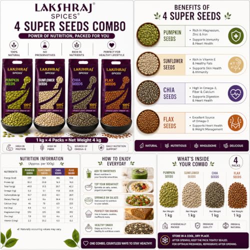 Image of LAKSHRAJ SPICES Healthy Premium Pumpkin Seeds, Chia Seeds, Flax and Sunflower Seeds, Quality for Cooking, Seasoning, and Spices (1 KG Each, Superfood Combo)
