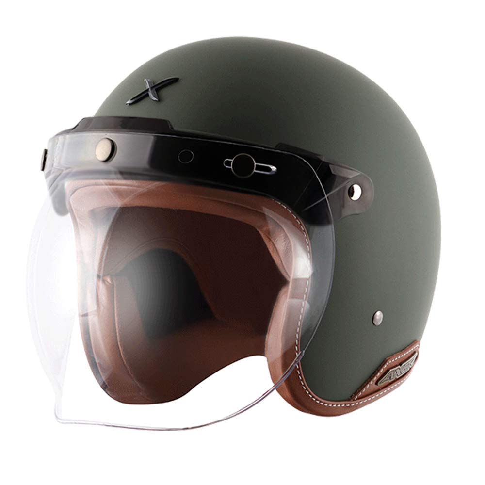 Axor Retro Jet Leather ISI Dot Certified Lightweight Open Face Helmet for Men and Women with Clear Bubble Visor Dull Battle Green(L)-picture-19