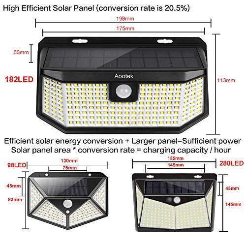 Aootek 182 Led Solar outdoor motion sensor lights upgraded Solar Panel to 15.3 in2 and 3 modes(Security/ Permanent On all night/ Smart brightness control )with IP65 Waterproof with Wide Angle(2pack)