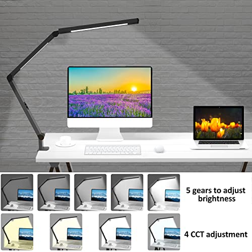 Image of LED Desk Lamp with Clamp, Architect Desk Lamp for Home Office with Remote Control, Swing Arm Clamp on Computer Light, Clip-on Eye-Care Adjustable 5 Brightness Levels Table Light for Working Drafting