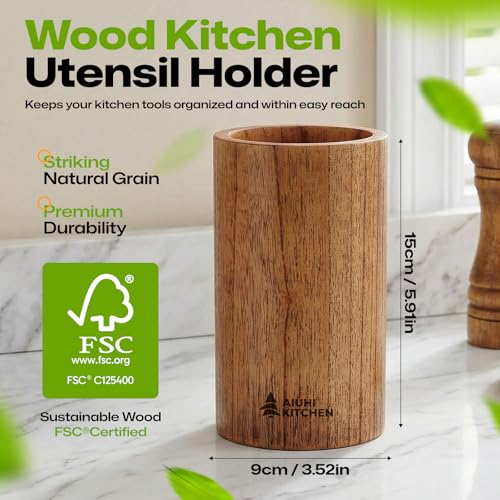AIUHI Wood Utensil Holder for Kitchen Counter, Wooden Utensil Crock, Kitchen Utensil Organizer, 5.9"x 3.5" Large Spatula and Spoon Holders - Image 3