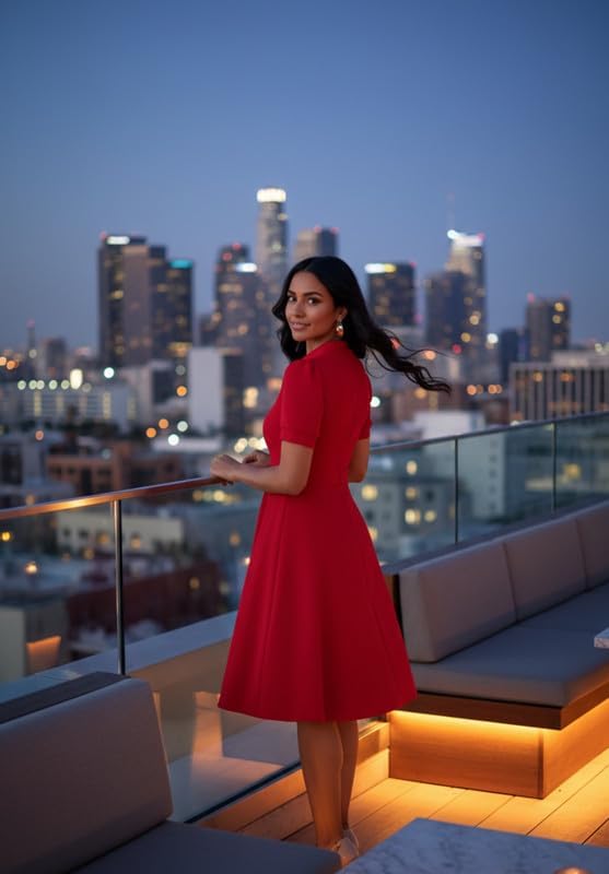 Womens Casual Summer Dresses Short Puff Sleeve V Neck A Line Wedding Guest Midi Dresses with Pockets - Image 2