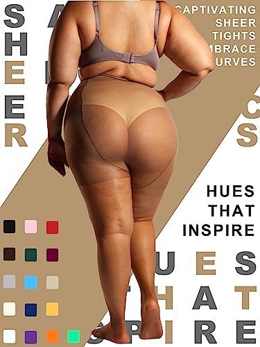 HONENNA 2 Pairs Plus Size Sheer Tights for Women, 17 Colors Ultra Thin Pantyhose Reinforced Toes High Waist Stockings 1XL-6XL3