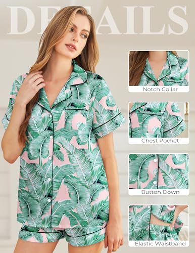 Image of Silk Pajamas for Women Short Sleeve Sleepwear Soft Button Down Loungewear 2 Piece Satin Pjs Shorts Set S-XXL