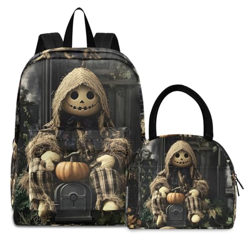 Backpack Lunch Bag Set Cute Scarecrow Halloween Print, Big Storage Travel Backpacks with Insulated Lunch Box for Office Hiking Picnic