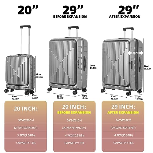 Image of Kaleenie 2 Pieces 20 /29 Luggage Sets, 20 Inch Cabin Luggage with Front Pocket & 29 Inch Side Opening Suitcase, Ligthweight ABS+PC Hardshell, Gray