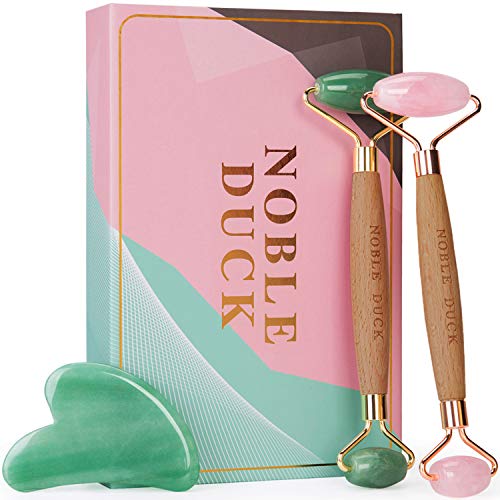 Jade Roller and Gua Sha Set for Face Eyes Skin 100% Real Jade Stone Roller Rose Quartz Roller Kit Gift Set Pink Green Beauty Face Roller for Women Anti Aging Message Facial Roller Massager