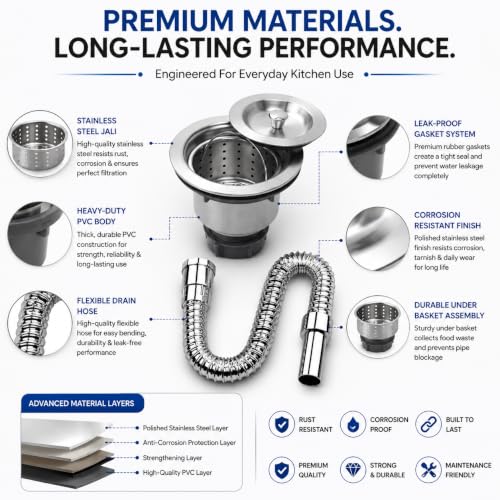 Image of ZAP NovaFlow 4 Inch Kitchen Sink Waste Coupling with Under Basket & Flexible Drain Hose | PVC Drain Kit with Stainless Steel Jali | Leak-Proof Sink Drain for Kitchen