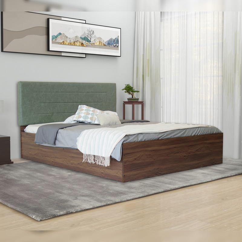 Image of Amazon Brand - Solimo Bed | 1 Year Warranty | Double Bed, Queen Size, Ashima Premium Upholstery, Comfortable Seating Height Bed, Non-Woven Base & 3mm MDF, Walnut Colour (Melamine Finish)
