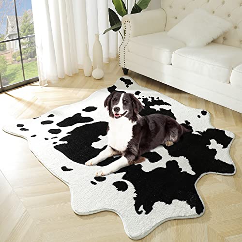 Image of FALARK INC Premium Faux Cowhide Rug, 4.6ft x 5.2ft Cow Print Rugs for Living Room Bedroom, Cute Animal Print Carpet Western Home Decor Rug, Upgraded Non-Slip Soft Cow Skin Rugs, Black and White