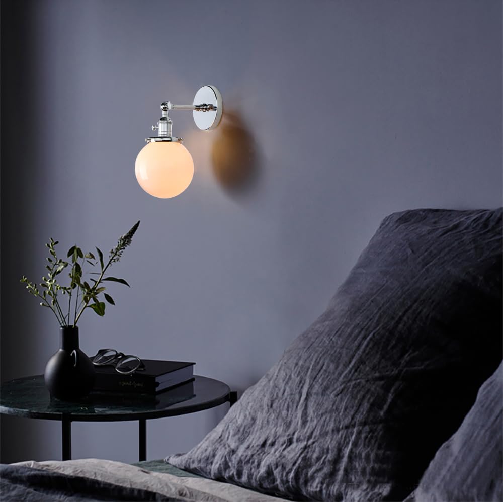 Pathson Réglable Applique Blanc de Lait Boule Verre Abat-jour Lampe Rétro Industrial Applique Murale Rétro Eclairage Chrome