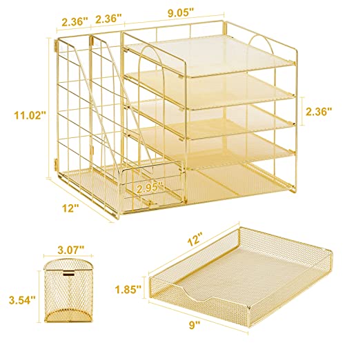 Image of Marbrasse Desk Organizer with File Holder, 5-Tier Paper Letter Tray Organizer with Drawer and 2 Pen Holder, Mesh Desktop Organizer and Storage with Magazine Holder for Office Supplies (Gold 2p)