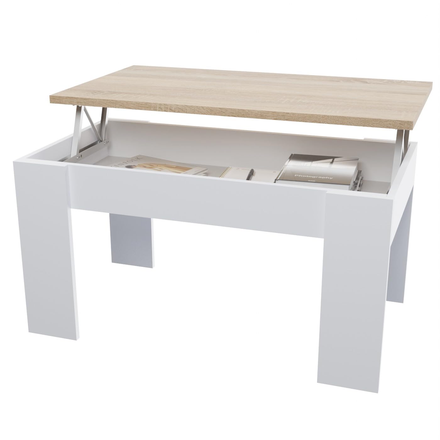 amuéblate online - Mesa de Centro Elevable, Mesita de Salón o Comedor, Acabado en Blanco con Tapa Cambria, Medidas: 90 cm (Ancho) x 50 cm (Fondo) x 46-57 cm (Alto)
