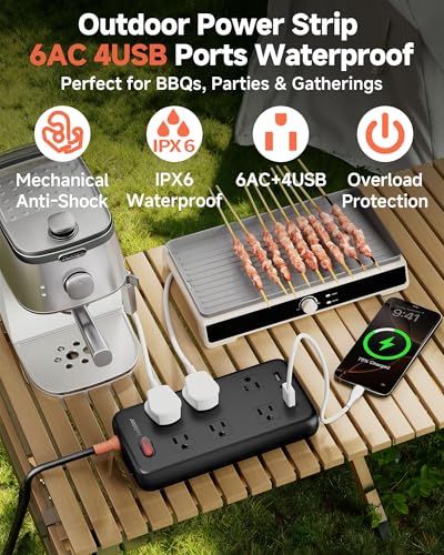 Image of Outdoor Power Strip Waterproof IPX6, 1625W /13A, 6 Ft Extension Cord, 6 Wide Outlets & 4 USB Ports with Anti-Electric Shock, Wall Mountable for Yard, Workshop, Garage, RV