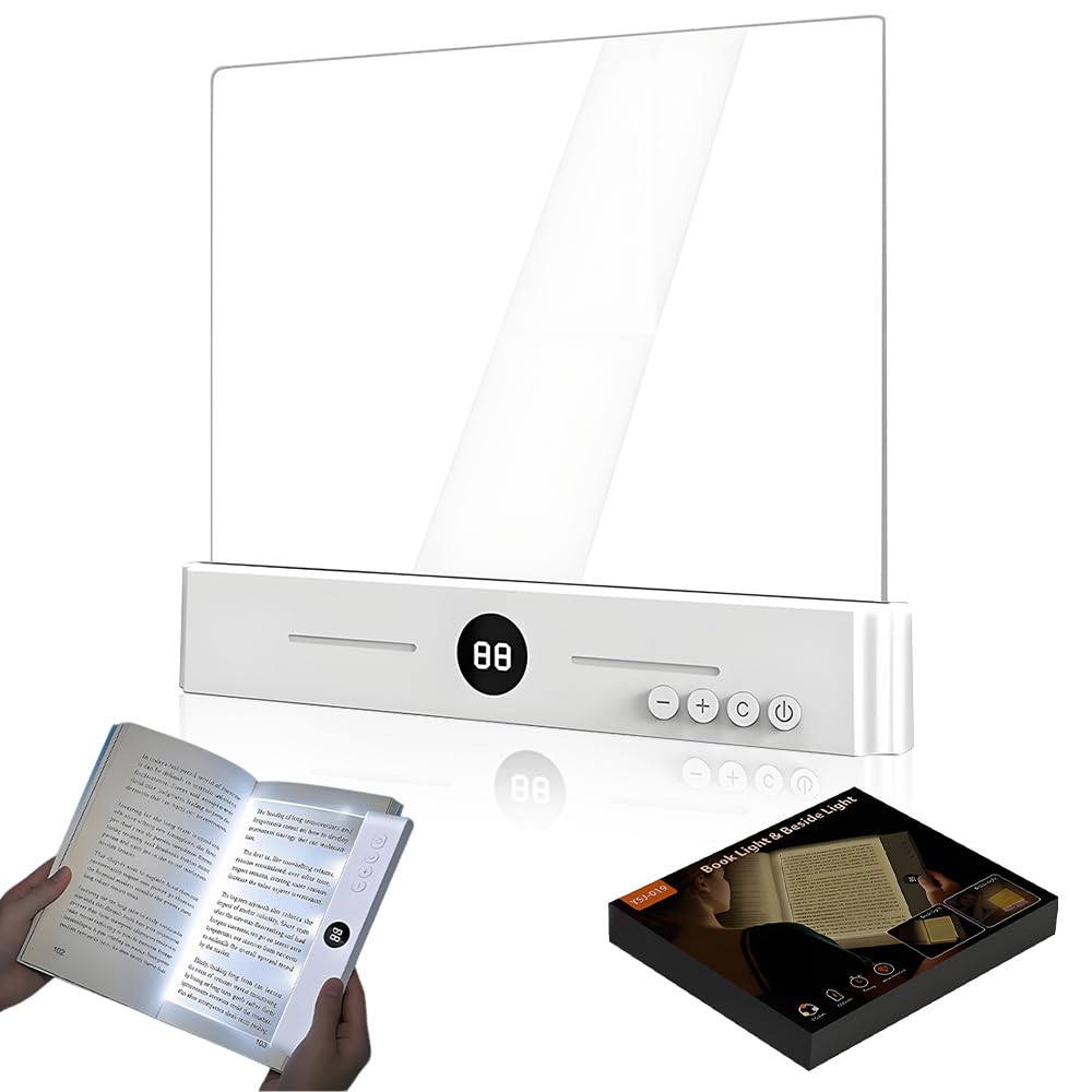 BIZOI Smart Flat Book Light, Rechargeable LED Clear Full Page Reading Light with 3 Colors & Timer, Eye-CING Flat Reading Lamp, Dimmable Student Reading Lamp Book Light for Readers Women Men (White)