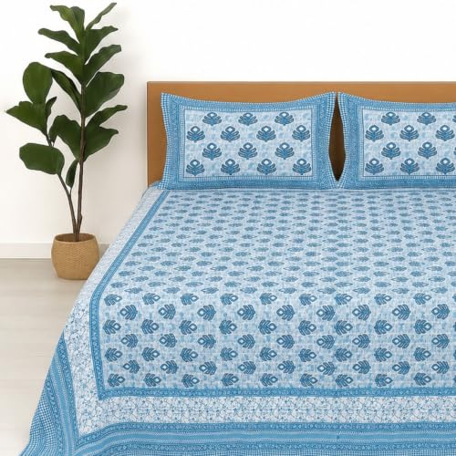 Image of Jaipur Weaves Jaipuri Double Bed Cotton Bedsheet Queen Size 90x85, 120 TC 100% Pure Cotton Bed Sheet with 2 Pillow Covers, Floral Traditional Print (Blue Buta, Double)