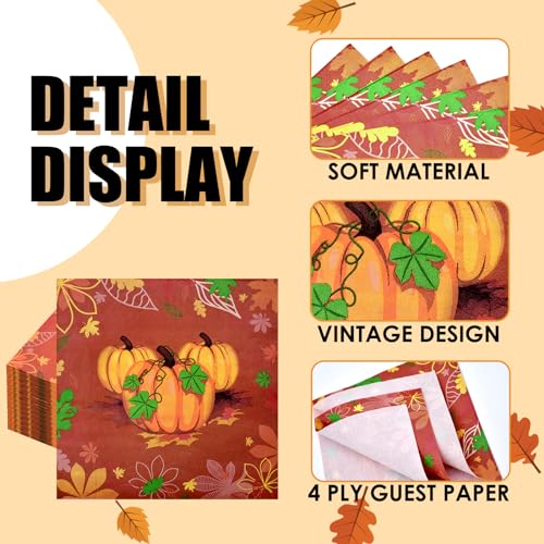 Image of 40 Pack Thanksgiving Day Paper Napkins - 13 x 13 Inches Disposable Pumpkin Serviettes Tableware Luncheon Cocktail Napkin Party Supplies for Autumn Fall-themed Harvest Feast Decorations